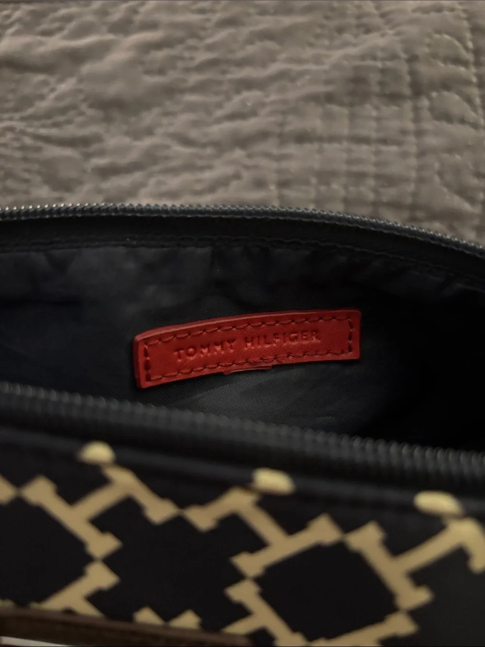 Tommy Hilfiger Navy & Cream Geometric Crossbody with Brown Strap